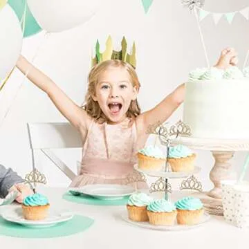 Donoter 48 Pieces Light Gold Glitter Princess Crown Cupcake Toppers Picks for Birthday Baby Shower Party Cake Decorations