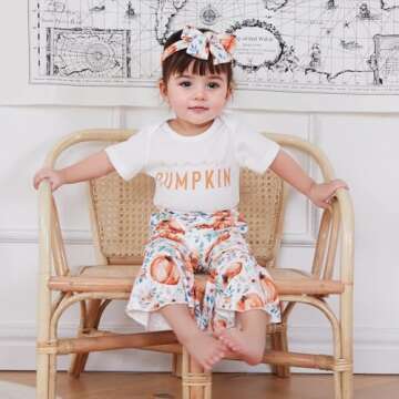 Infant Baby Girl Halloween Clothes Letter Print Short Sleeves Romper Pumpkin Print Flare Pants Cute ...