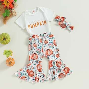 Infant Baby Girl Halloween Clothes Letter Print Short Sleeves Romper Pumpkin Print Flare Pants Cute Newborn Outfit Set