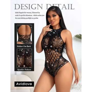 Avidlove Black Lingerie for Women Festival Bodysuit One Piece Fishnet Lingerie Rave Outfits Sparkle ...