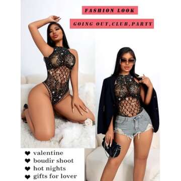 Avidlove Black Lingerie for Women Festival Bodysuit One Piece Fishnet Lingerie Rave Outfits Sparkle Lingerie Teddy