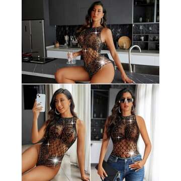 Avidlove Black Lingerie for Women Festival Bodysuit One Piece Fishnet Lingerie Rave Outfits Sparkle Lingerie Teddy