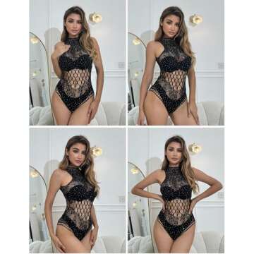 Avidlove Black Lingerie for Women Festival Bodysuit One Piece Fishnet Lingerie Rave Outfits Sparkle Lingerie Teddy