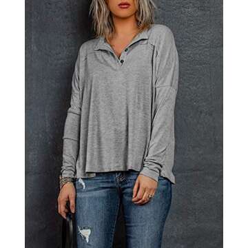 Tutorutor Womens Button Down Henley Shirts Batwing Sleeve Lightweight fall Sweatshirt Tunic Tops Gray