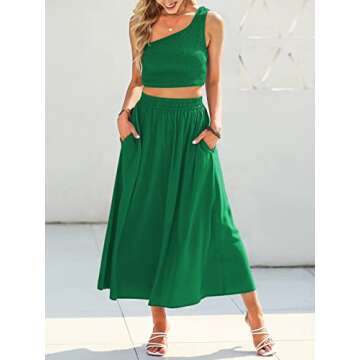 ANRABESS Women's 2 Pieces Outfits One Shoulder Smocked Crop Top & High Waist Long Skirt Dress Set with Pockets Green Medium