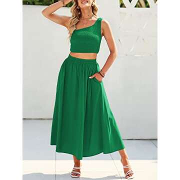 ANRABESS Women's 2 Pieces Outfits One Shoulder Smocked Crop Top & High Waist Long Skirt Dress Set with Pockets Green Medium