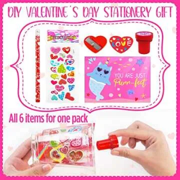 Valentines Day Gifts for Kids - 24 Pack Valentines Day Stationery Gift with Cards Pencils Stickers Erasers Stampers Sharpener Cups Classroom Prize School Exchange Boys Girls Party Favors