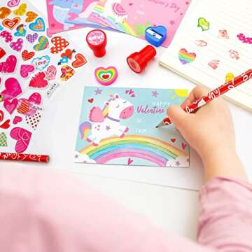 Valentines Day Gifts for Kids - 24 Pack Valentines Day Stationery Gift with Cards Pencils Stickers Erasers Stampers Sharpener Cups Classroom Prize School Exchange Boys Girls Party Favors
