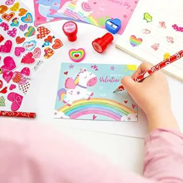 Valentines Day Gifts for Kids - 24 Pack Valentines Day Stationery Gift with Cards Pencils Stickers Erasers Stampers Sharpener Cups Classroom Prize School Exchange Boys Girls Party Favors