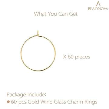 BEADNOVA Wine Charm Rings 60pcs Gold Plated 25mm Beading Charm Rings for Wine Glass DIY Crafting Festival Party Favor