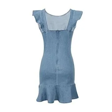 MYHALF Denim Ruffle Trim Mini Dress for Women