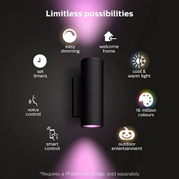Philips Hue Appear Outdoor Smart Wall Light, Black - White and Color Ambiance LED Color-Changing Light - 1 Pack - Requires Hue Bridge - Control with Hue App and Voice - Weatherproof