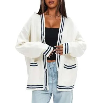 Darong Women's Oversized Open Front Cardigans Striped Color Block Loose Knit Sweaters Outwear Coat with Pockets 9108 White Dark Blue L