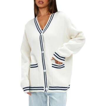 Darong Women's Oversized Open Front Cardigans Striped Color Block Loose Knit Sweaters Outwear Coat with Pockets 9108 White Dark Blue L