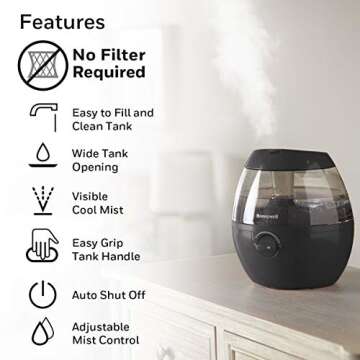 Honeywell HUL520B Mistmate Cool Mist Humidifier Black With Easy Fill Tank & Auto Shut-Off, For Small Room, Bedroom, Baby Room, Office