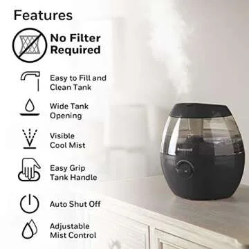 Honeywell HUL520B Mistmate Cool Mist Humidifier Black With Easy Fill Tank & Auto Shut-Off, For Small Room, Bedroom, Baby Room, Office