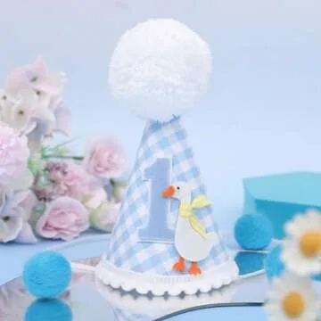 One Silly Goose Birthday Hat - Silly Goose 1st Birthday Decorations, Blue Gingham 1st Birthday Party Hat for Boys, One Silly Goose First Birthday Crown