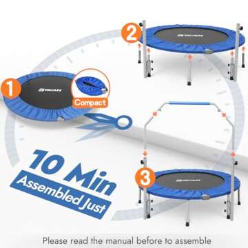 BCAN 40/48" Foldable Mini Trampoline Max Load 330lbs/440lbs, Fitness Rebounder with Adjustable Foam Handle, Exercise Trampoline for Adults Indoor/Garden Workout