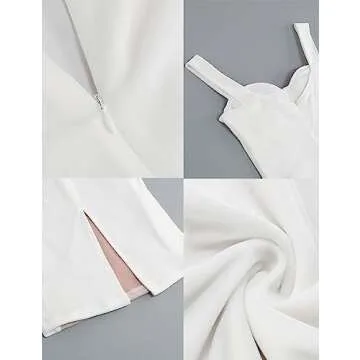 houstil Women's Strap Wedding Guest Dress Velvet Mesh Bodycon Cocktail Party Fishbone Mini Clubwear (L, White)