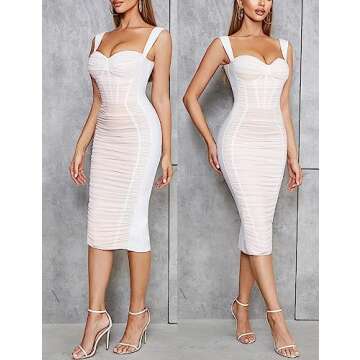 houstil Women's Strap Wedding Guest Dress Velvet Mesh Bodycon Cocktail Party Fishbone Mini Clubwear (L, White)