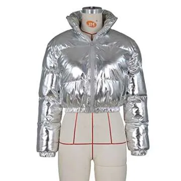 Halfword Women's Shiny Cropped Puffer Jacket Long Sleeve Solid Color Stand Neck Winter Down Coat
