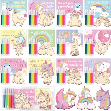 ojustbeok 24 Pack Valentines Day Cards Paint Set for Kids, Unicorn Wood Painting Crafts Kit with Mar...