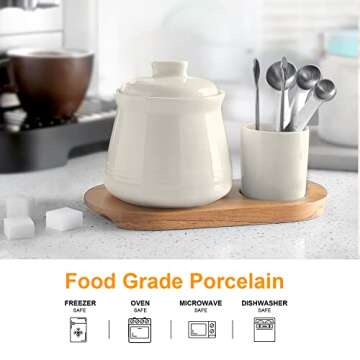 Nucookery Porcelain Sugar Bowl – 14 Ounce Large Sugar Bowl with Lid and Measuring Spoon – Deluxe Sugar Bowl Set with Sugar Spoons – Practical Design with No notch Lid – Elegant Sugar Container -Cream