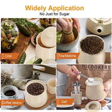 Nucookery Porcelain Sugar Bowl – 14 Ounce Large Sugar Bowl with Lid and Measuring Spoon – Deluxe Sugar Bowl Set with Sugar Spoons – Practical Design with No notch Lid – Elegant Sugar Container -Cream