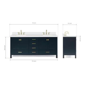 ARIEL 73" Midnight Blue Double Vanity with 1.5" Edge Pure White Quartz Countertop & Splash, Rectangu...