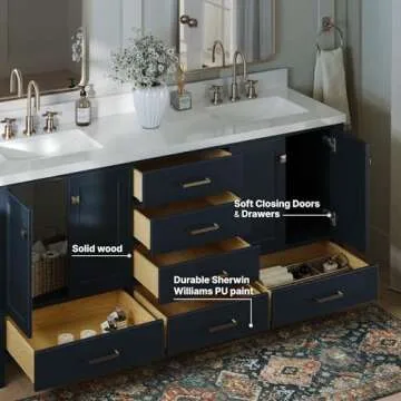 ARIEL 73" Midnight Blue Double Vanity with 1.5" Edge Pure White Quartz Countertop & Splash, Rectangular Sinks, 4 Soft Closing Doors, 6 Full Extension Dovetail Drawers, Brushed Nickel