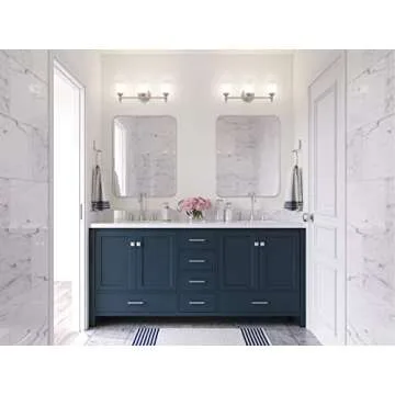 ARIEL 73" Midnight Blue Double Vanity with 1.5" Edge Pure White Quartz Countertop & Splash, Rectangular Sinks, 4 Soft Closing Doors, 6 Full Extension Dovetail Drawers, Brushed Nickel