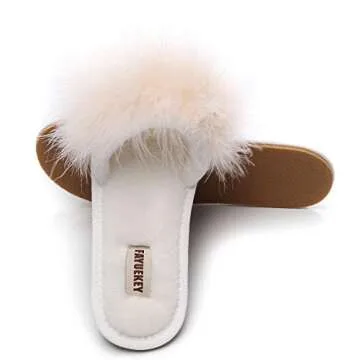 FAYUEKEY Real Fur Slippers for Women Summer Autumn Fluffy Furry Soft Plush Open Toe Slides Flats Shoes (10 M US, Khaki)