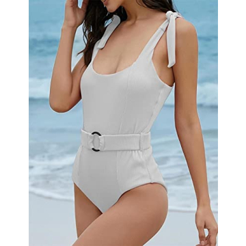 TSMEZA Women's One Piece Swimsuits Belt Tummy Control Bathing Suits Tie Shoulder Swimwear