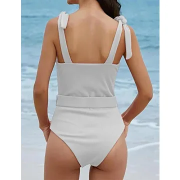 TSMEZA Women's One Piece Swimsuits Belt Tummy Control Bathing Suits Tie Shoulder Swimwear