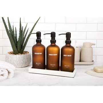 Shampoo and Conditioner Dispenser | Refillable Shampoo Dispenser Bottles with Pump | Set of 3, 16 OZ Frosted Amber Glass Shower Soap Dispensers with Concrete Tray | Modern Bathroom Essentials