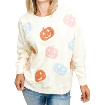 Yiulangde Women Halloween Pumpkin Sweatshirt Spooky Season Sequin Graphic Tops Oversized Crewneck Lo...