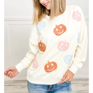 Yiulangde Women Halloween Pumpkin Sweatshirt Spooky Season Sequin Graphic Tops Oversized Crewneck Long Sleeve Sweater Clothes Beige