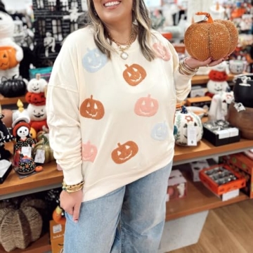 Yiulangde Women Halloween Pumpkin Sweatshirt Spooky Season Sequin Graphic Tops Oversized Crewneck Long Sleeve Sweater Clothes Beige