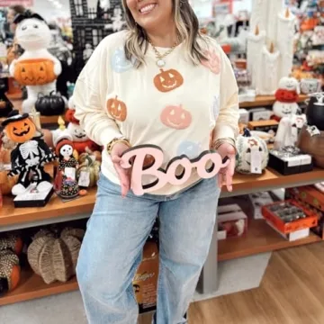 Yiulangde Women Halloween Pumpkin Sweatshirt Spooky Season Sequin Graphic Tops Oversized Crewneck Long Sleeve Sweater Clothes Beige