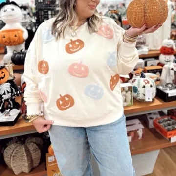 Yiulangde Women Halloween Pumpkin Sweatshirt Spooky Season Sequin Graphic Tops Oversized Crewneck Long Sleeve Sweater Clothes Beige