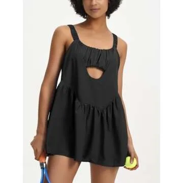 Dokuritu Womens Black Tennis Dress with Built in Shorts and Bra Pockets Summer Workout Athletics Golf Dress Outfits for Casual Wear