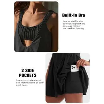 Dokuritu Womens Black Tennis Dress with Built in Shorts and Bra Pockets Summer Workout Athletics Golf Dress Outfits for Casual Wear