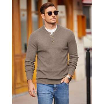 COOFANDY Men Henley Button Sweater - Stylish & Lightweight
