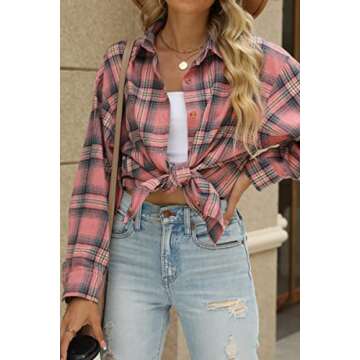 CHYRII Womens Button Down Flannel Shirts Long Sleeve Plaid Shacket Business Casual Blouse Topss Pink -7122 XL