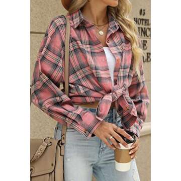 CHYRII Womens Button Down Flannel Shirts Long Sleeve Plaid Shacket Business Casual Blouse Topss Pink -7122 XL