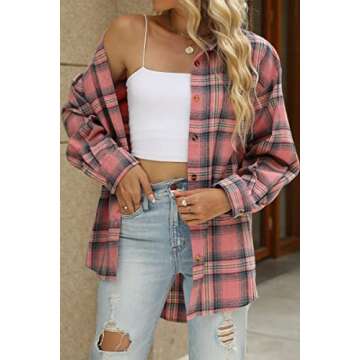 CHYRII Womens Button Down Flannel Shirts Long Sleeve Plaid Shacket Business Casual Blouse Topss Pink -7122 XL