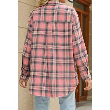 CHYRII Womens Button Down Flannel Shirts Long Sleeve Plaid Shacket Business Casual Blouse Topss Pink -7122 XL