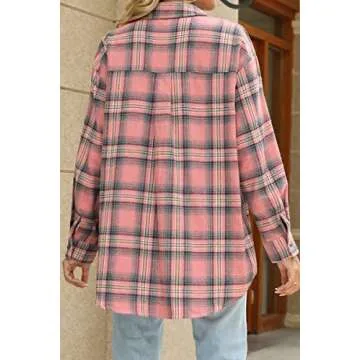 CHYRII Womens Button Down Flannel Shirts Long Sleeve Plaid Shacket Business Casual Blouse Topss Pink -7122 XL