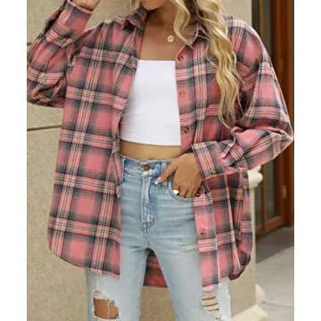 CHYRII Womens Button Down Flannel Shirts Long Sleeve Plaid Shacket Business Casual Blouse Topss Pink -7122 XL