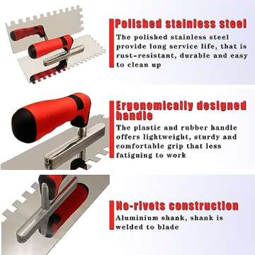Tile Tools Stainless Steel Square Notch Trowel Set Plus Rubber Grout Float and Grout Sponge for Tiling Installation Grouting